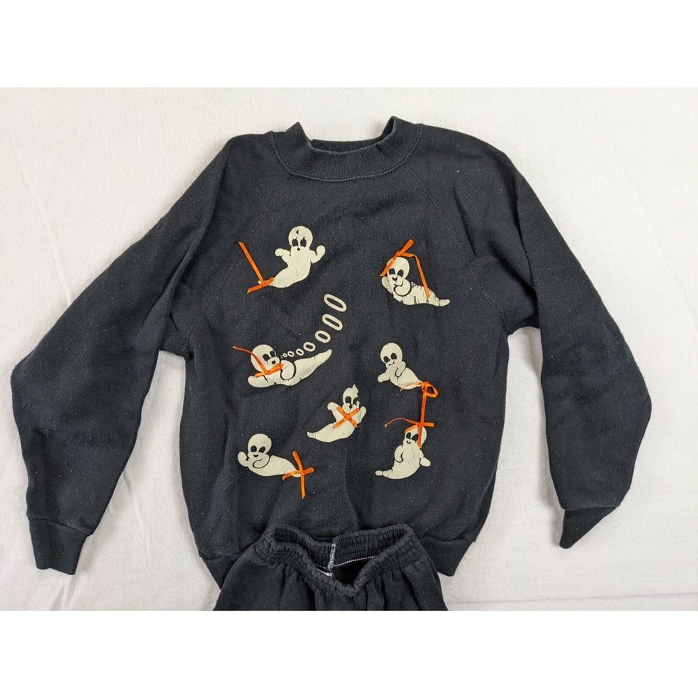 Tultex Halloween Ghost Sweatshirt M 10 / 12 Sweatpants S 6 / 8 Set Black - Picture 2 of 11